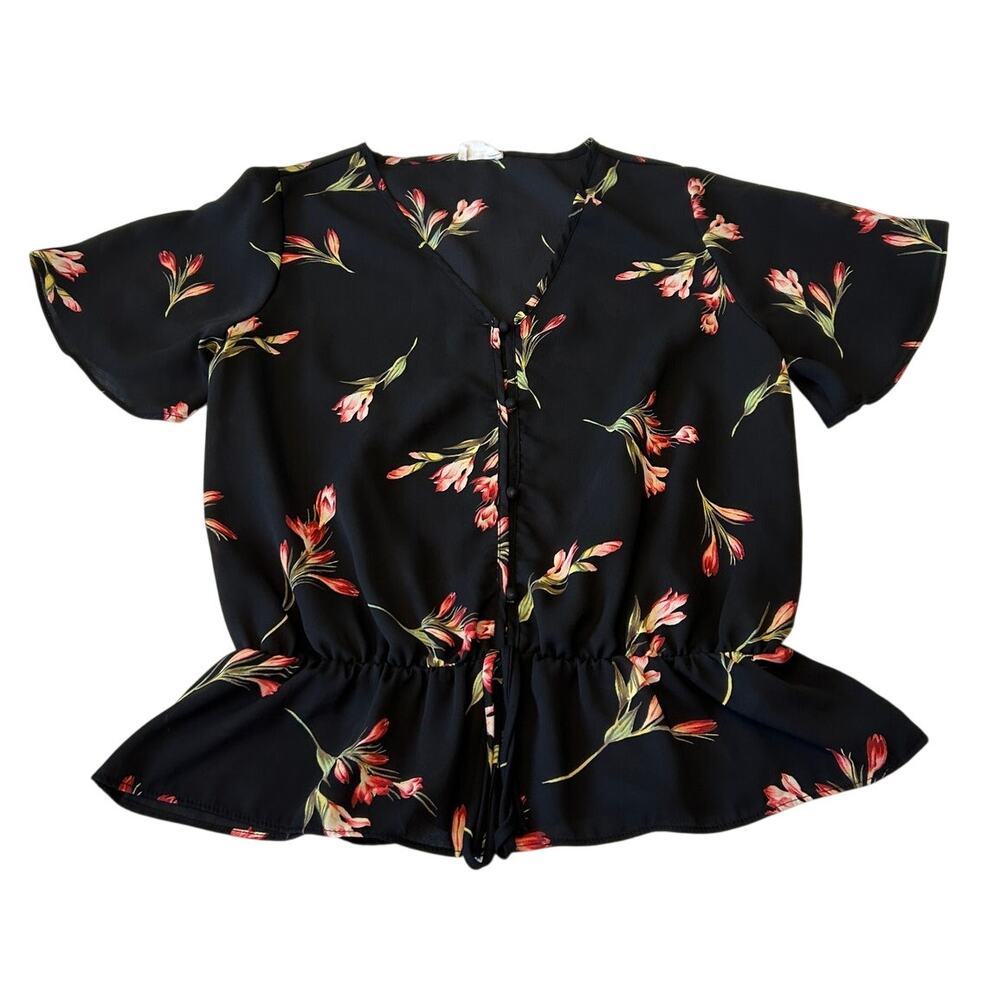 Sienna Sky Women's Floral Button Front Blouse Sz L Short Sleeve Elastic Waist